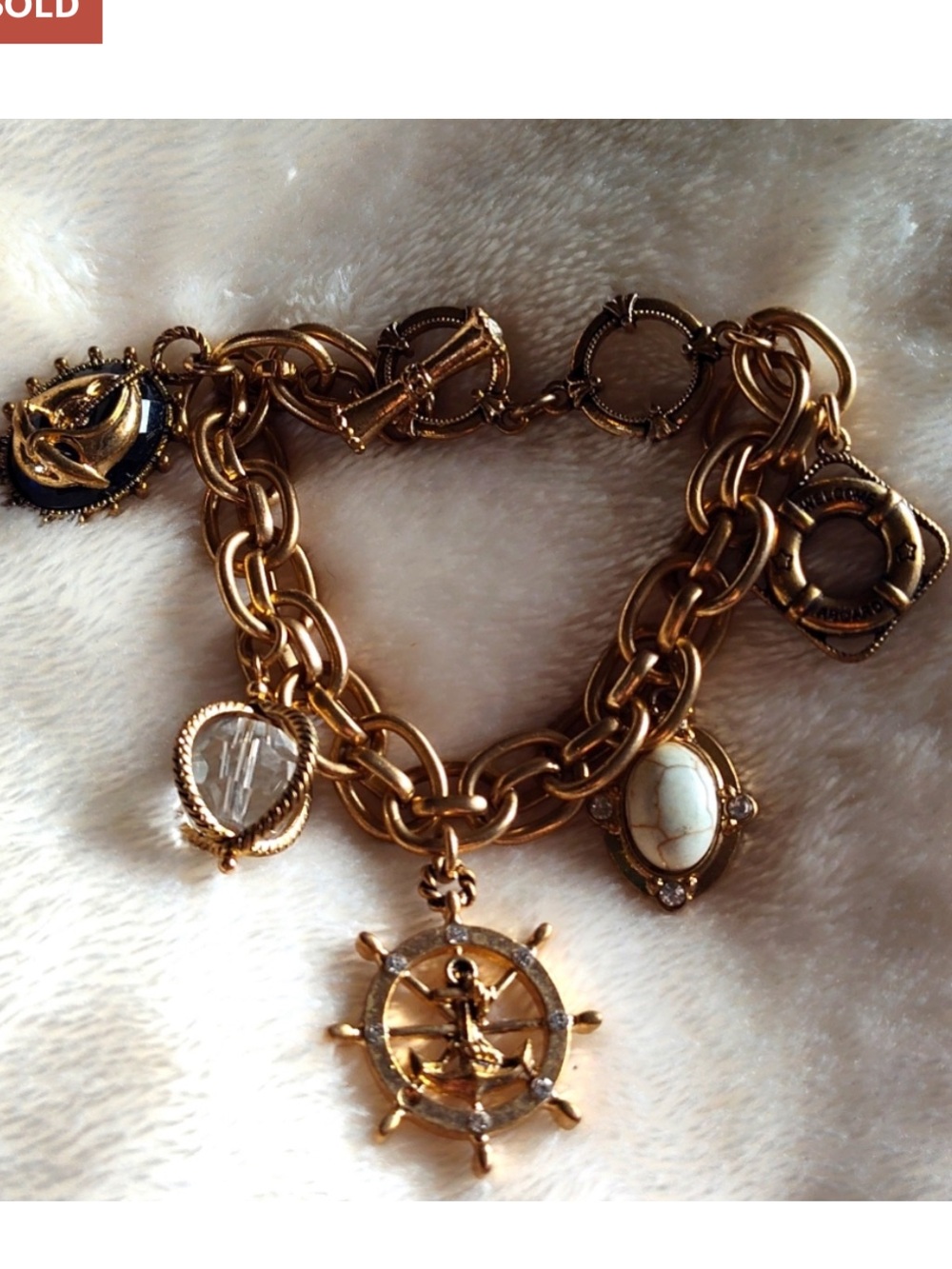 Vintage Nautical Charm Bracelet w anchor, life preserver, sailboat, crystals*